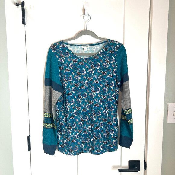 Sundance Sharrar Teal Paisley Contrast Cuff Mixed Print Knit Top Size Medium - Picture 2 of 7